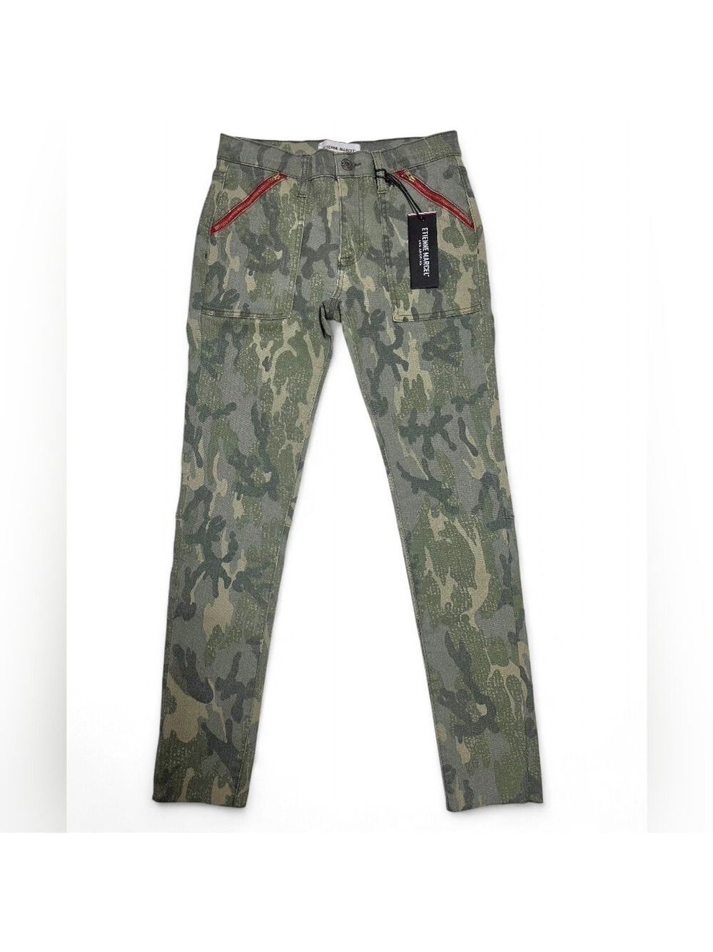 Etienne Marcel Green Camo Skinny Jeans Red Zip Detail Size 27 NWT Stretch Denim